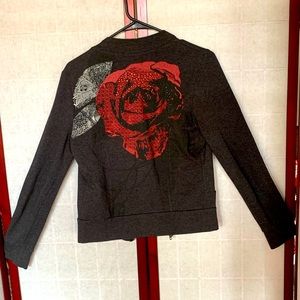 Vintage Y2K Rock & Roll Black V-Neck Jacket, Goth Rose w/ Rhinestones, Small
